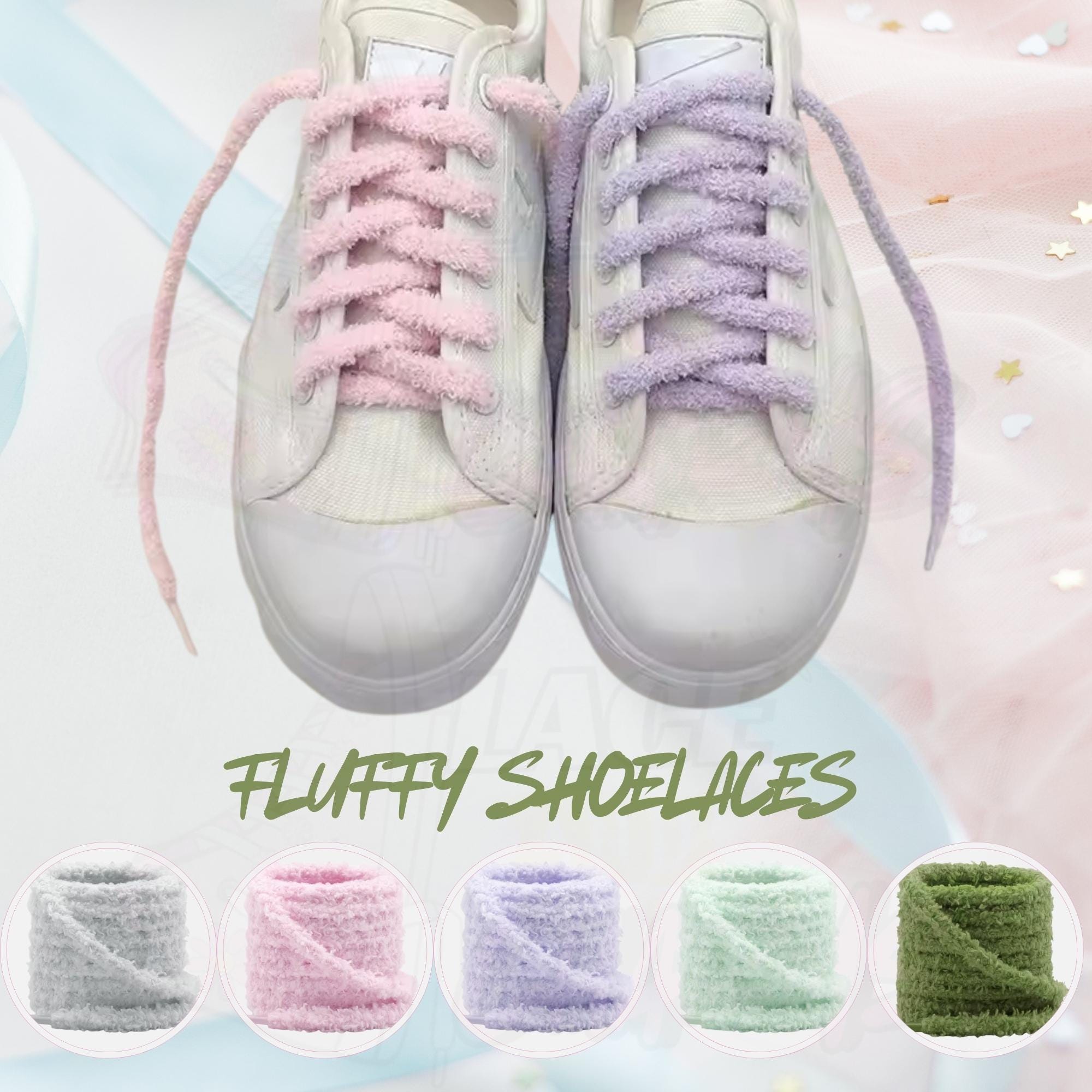 Fluffy Flat 18mm Chunky Cute 55 Inch Shoelaces Baby Pink Grey Moss Lavender Mint Ships from USA